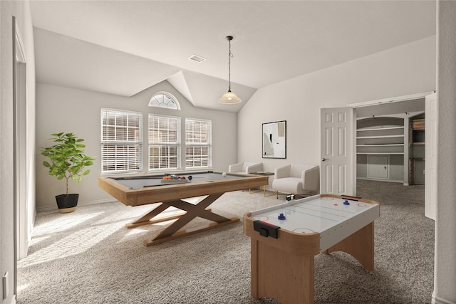 1300 Spanish Needle Trl, Fort Worth, TX 76177 - playroom with carpet flooring, visible vents, vaulted ceiling, and billiards