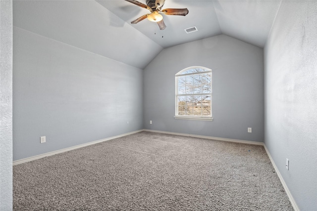 1300 Spanish Needle Trl, Fort Worth, TX 76177 - interior space featuring carpet flooring, visible vents, baseboards, ceiling fan, and lofted ceiling