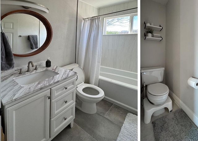 bathroom featuring shower / bath combo, vanity, toilet, and baseboards