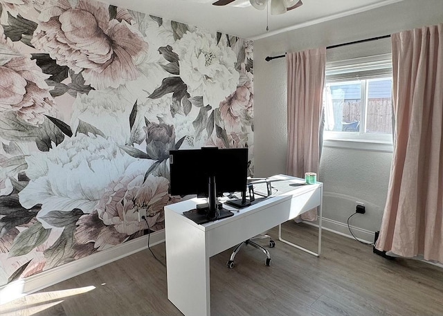 office with ceiling fan, wood finished floors, and baseboards