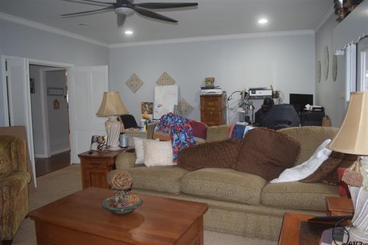 living room featuring ornamental molding and ceiling fan