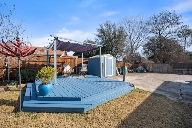 deck featuring a pergola and a storage unit