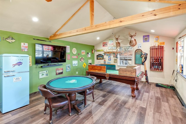 rec room featuring wood-type flooring, vaulted ceiling with beams, and billiards