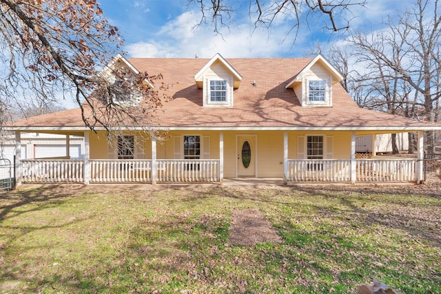 farmhouse inspired home with a garage, a front yard, and a porch