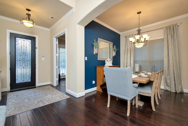 1844 Halifax St, Roanoke, TX 76262 - dining area featuring a chandelier, wood finished floors, baseboards, ornamental molding, and arched walkways