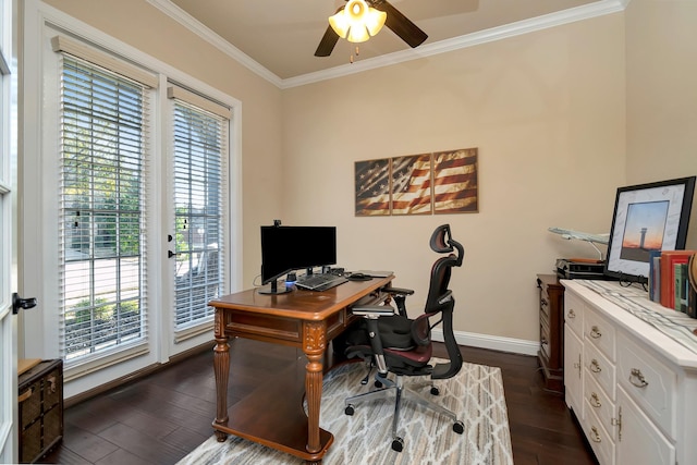 1844 Halifax St, Roanoke, TX 76262 - office area featuring crown molding, ceiling fan, dark wood-style flooring, and baseboards