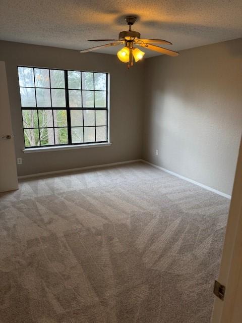 empty room featuring ceiling fan, a textured ceiling, and carpet