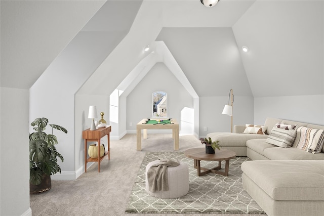 carpeted living room with vaulted ceiling