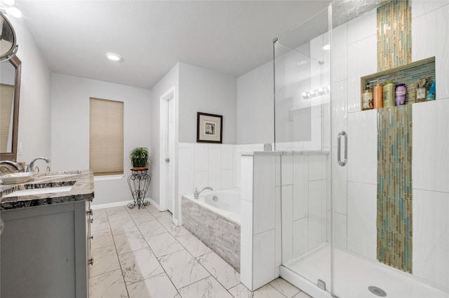 1435 Pioneer Ln, Lowry Crossing, TX 75069 - full bath featuring a stall shower, a bath, marble look tiles, double vanity, and recessed lighting