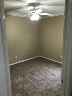 carpeted spare room with crown molding and ceiling fan