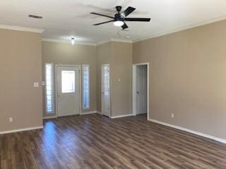 interior space featuring dark hardwood / wood-style flooring, crown molding, and ceiling fan