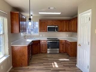 kitchen with pendant lighting, stainless steel appliances, sink, and plenty of natural light