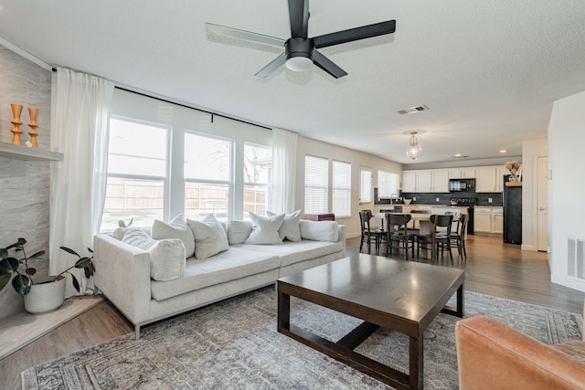 living room featuring ceiling fan, dark hardwood / wood-style floors, and a textured ceiling