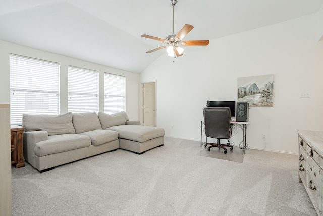 living room featuring lofted ceiling, light carpet, and ceiling fan