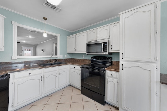 kitchen with white cabinetry, sink, crown molding, and black appliances