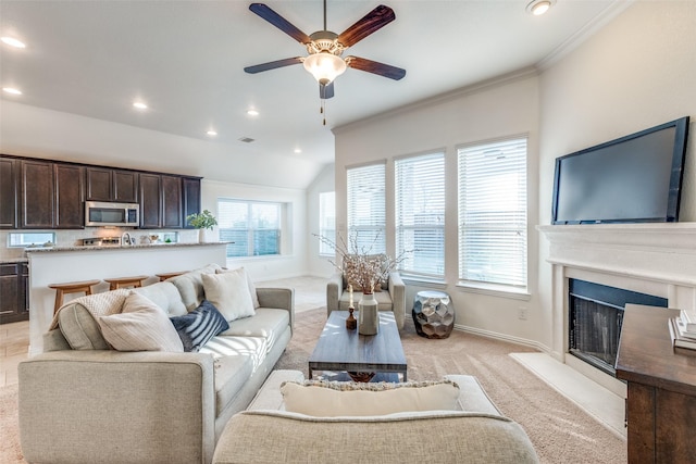 living area with crown molding, a fireplace with raised hearth, baseboards, and a wealth of natural light