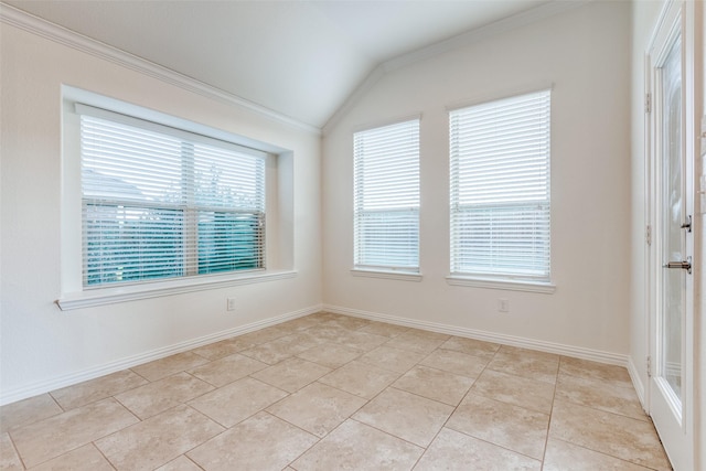 unfurnished room with light tile patterned floors, baseboards, lofted ceiling, and crown molding