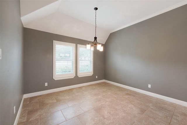 unfurnished room with lofted ceiling, baseboards, and an inviting chandelier