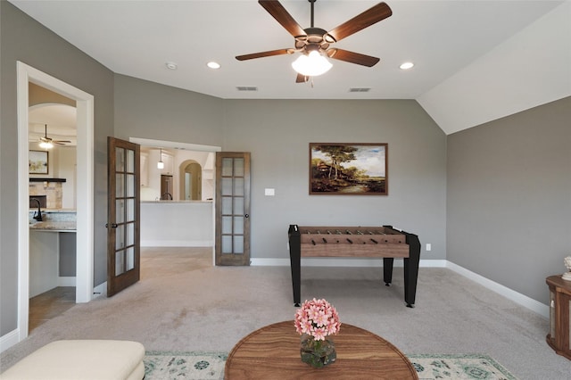 playroom featuring light carpet, recessed lighting, visible vents, and french doors