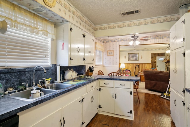 kitchen with dark hardwood / wood-style flooring, sink, white cabinets, and a textured ceiling