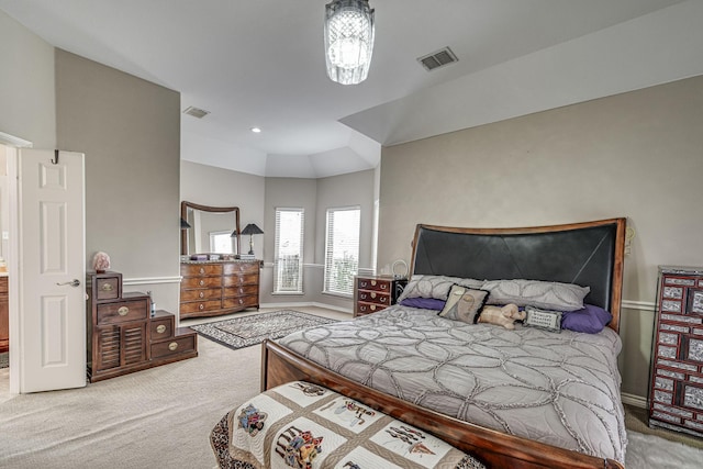 carpeted bedroom featuring recessed lighting, visible vents, baseboards, and an inviting chandelier