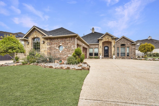 view of front facade with a garage, brick siding, concrete driveway, and a front lawn