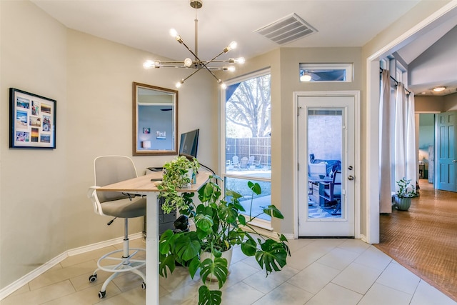 interior space with visible vents, a notable chandelier, baseboards, and light tile patterned floors