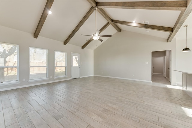 empty room featuring beam ceiling, ceiling fan, high vaulted ceiling, and light hardwood / wood-style floors