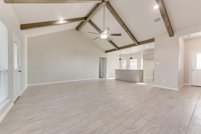 unfurnished living room with beam ceiling, ceiling fan, high vaulted ceiling, and light hardwood / wood-style floors