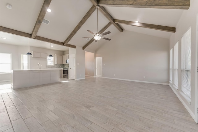 unfurnished living room with sink, high vaulted ceiling, light wood-type flooring, ceiling fan, and beam ceiling