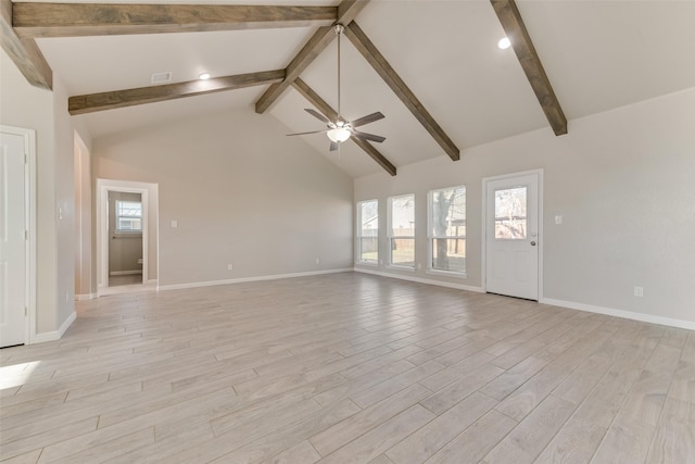 unfurnished living room featuring beam ceiling, light hardwood / wood-style flooring, high vaulted ceiling, and ceiling fan