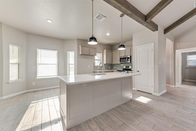 kitchen with stainless steel appliances, an island with sink, sink, and pendant lighting