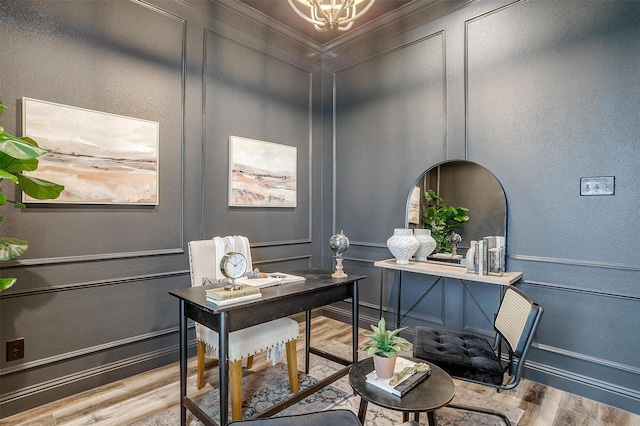 office area featuring a notable chandelier and wood-type flooring