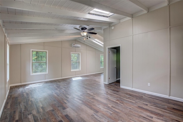 spare room with wood ceiling, hardwood / wood-style flooring, lofted ceiling with skylight, and ceiling fan