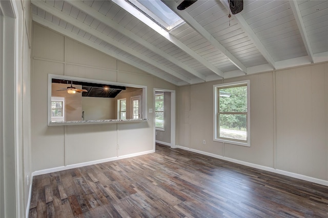 spare room featuring dark hardwood / wood-style floors, ceiling fan, lofted ceiling with skylight, and wooden ceiling