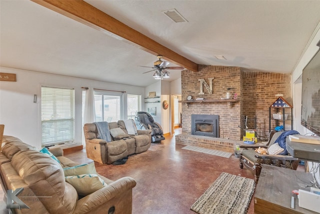 living room with ceiling fan, a fireplace, and lofted ceiling with beams