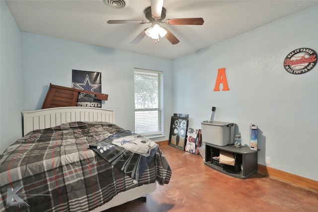 bedroom with concrete flooring and ceiling fan