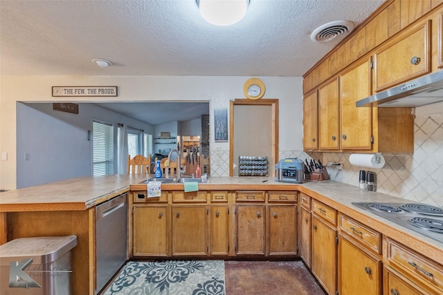 kitchen with dishwasher, stovetop, sink, decorative backsplash, and kitchen peninsula