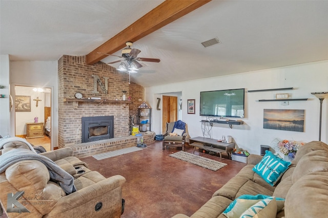 living room featuring a fireplace, concrete flooring, and vaulted ceiling with beams