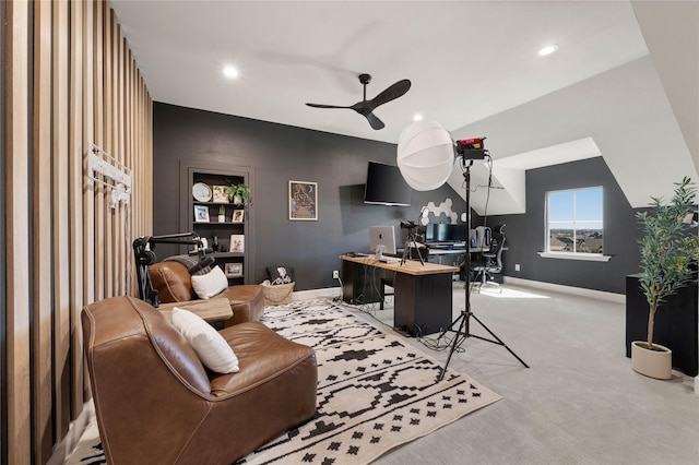 office with light carpet, ceiling fan, baseboards, and recessed lighting