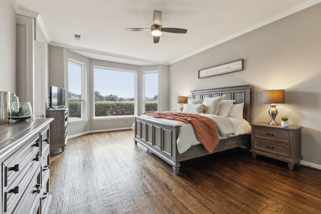 bedroom with ceiling fan, crown molding, and dark hardwood / wood-style floors