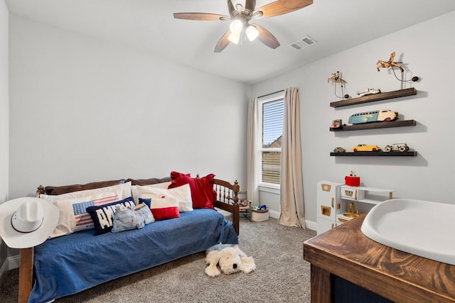 bedroom featuring carpet flooring and ceiling fan