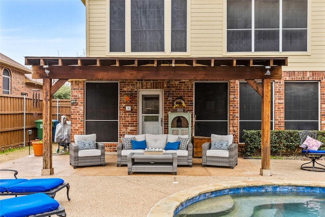 exterior space featuring a fenced in pool, a pergola, and outdoor lounge area