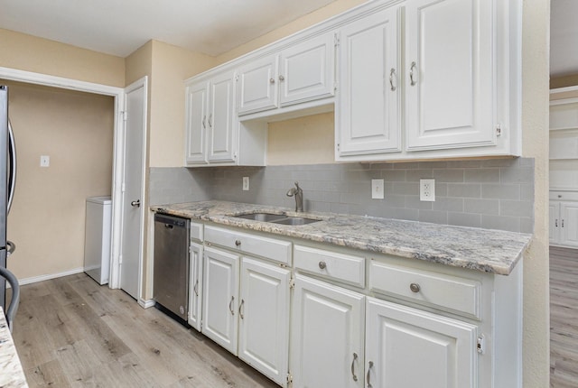 kitchen with white cabinetry, sink, dishwasher, and light hardwood / wood-style floors