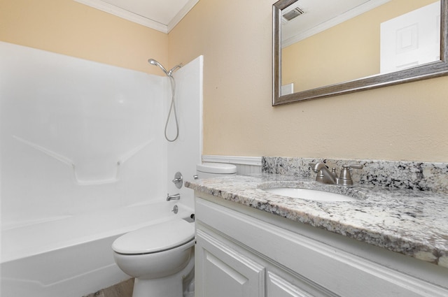 full bathroom with ornamental molding, toilet, vanity, and shower / bathing tub combination