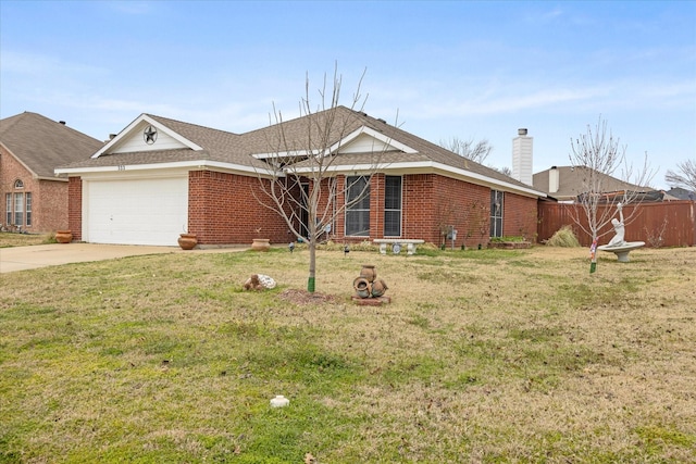 ranch-style house with a garage, driveway, a front yard, and brick siding