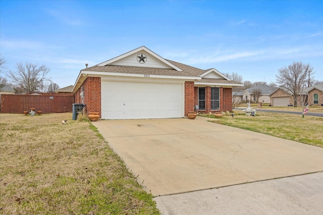 ranch-style home with driveway, an attached garage, fence, a front lawn, and brick siding