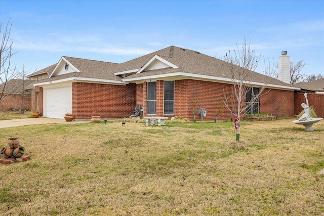 single story home with a garage, concrete driveway, brick siding, and a front yard