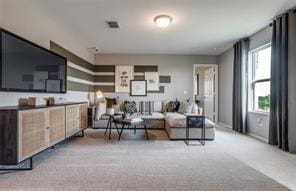 living room with light colored carpet