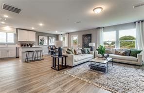 living room featuring a wealth of natural light and light hardwood / wood-style flooring